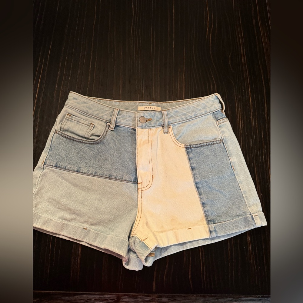 PacSun Blue and Cream Jean Shorts with Color-Block Design